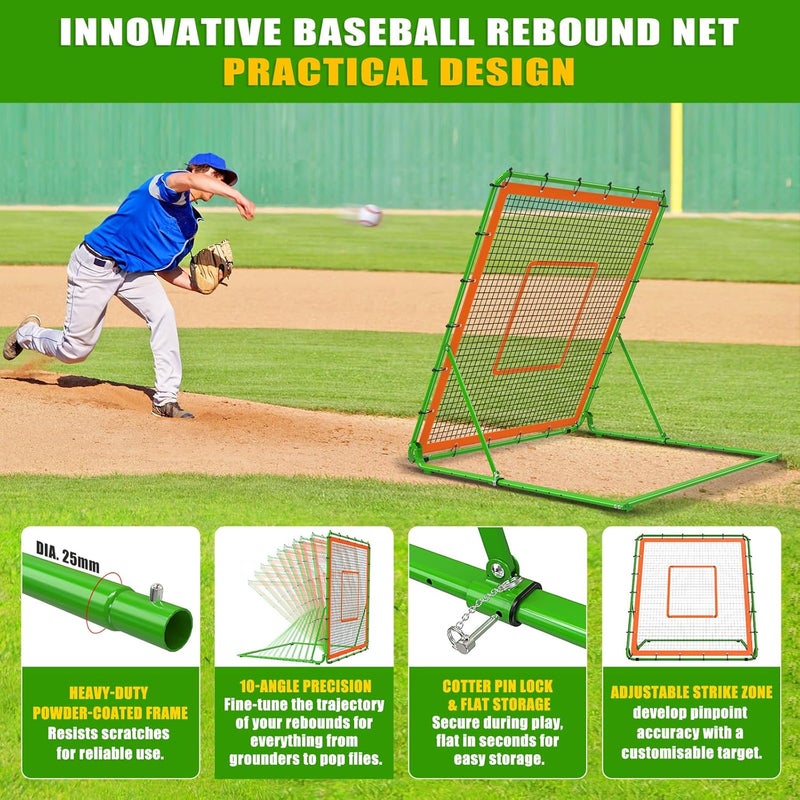 KingDolly 4x4.5FT Overlocked Seam Baseball Rebounder Net, Bounce Back Net with 10 Ball Return Angles, Reinforced Pitch Back Net for Fielding, Pitching Drills & Solo Practice, Multi-Sport Training - Image 5